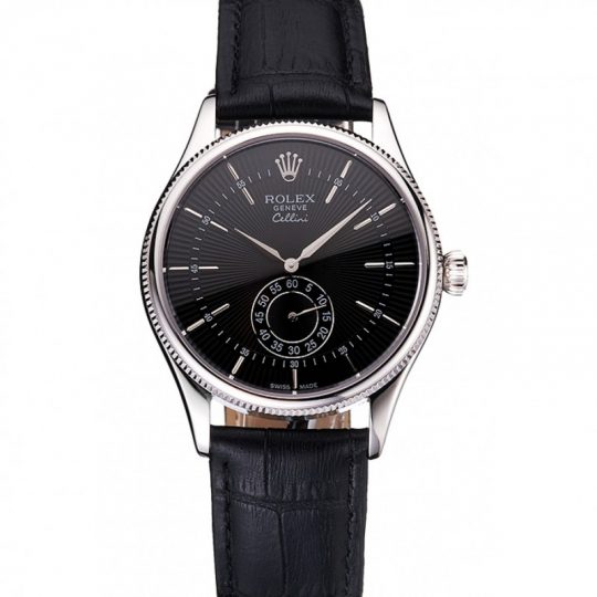Replica Rolex Cellini Black Dial Stainless Steel Case Black Leather Strap