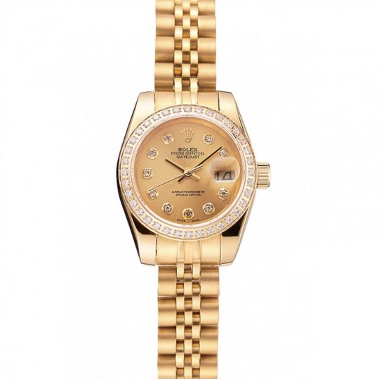 Replica Rolex Lady-Datejust Champagne Dial Diamond Bezel Gold Jubilee Bracelet 1454096